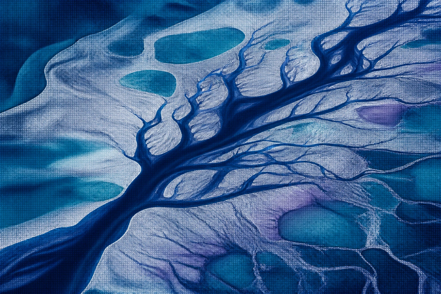 Branching water channels in navy, silver and petrol